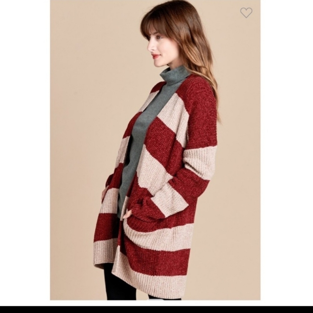 ODDY Taupe/Burgundy Stripe Cardigan Sweater - Picture 4 of 11